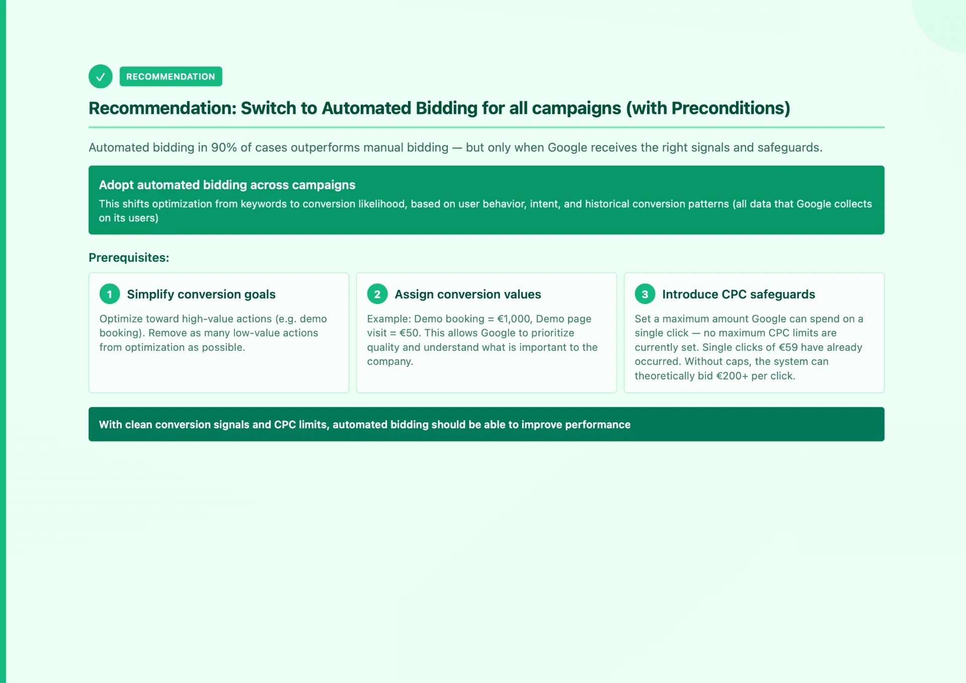 Slide z auditu Google Ads doporučující automatizované nabídky s podmínkami