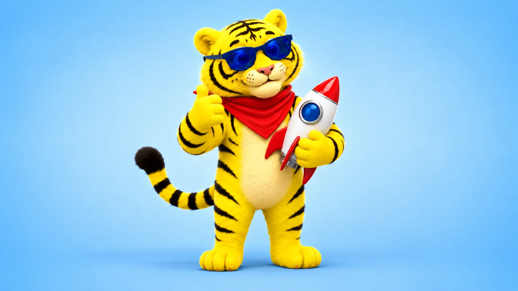 Tygří maskot Kraftvertising s raketou znázorňující vedení marketingového launche
