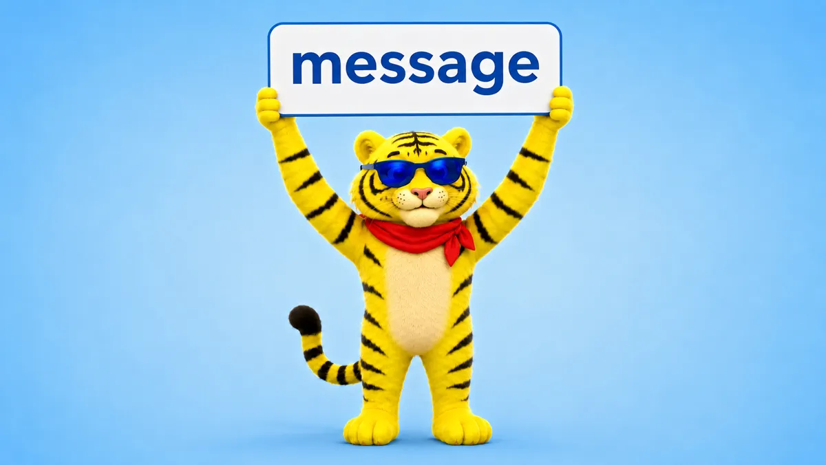 Maskot tygra držící tabuli s nápisem message