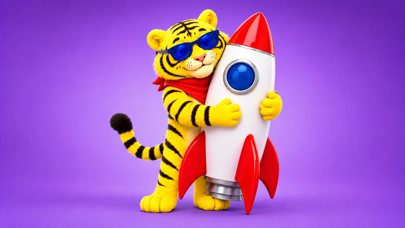 Tygří maskot Kraftvertising objímá raketu před spuštěním placené reklamy