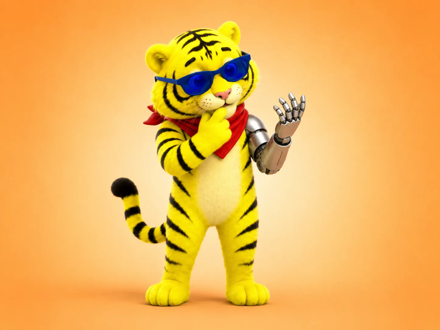 Maskot tygra s robotickou paží ilustrující B2B SEO a GEO v éře AI vyhledávání