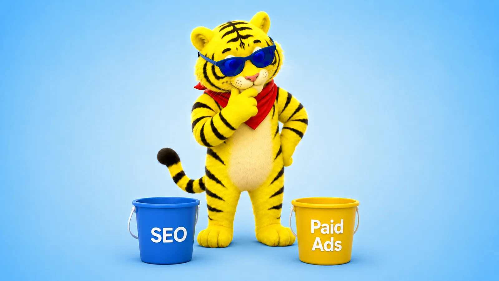 Porovnání B2B SEO a Paid Ads s maskotem tygra a grafickými prvky