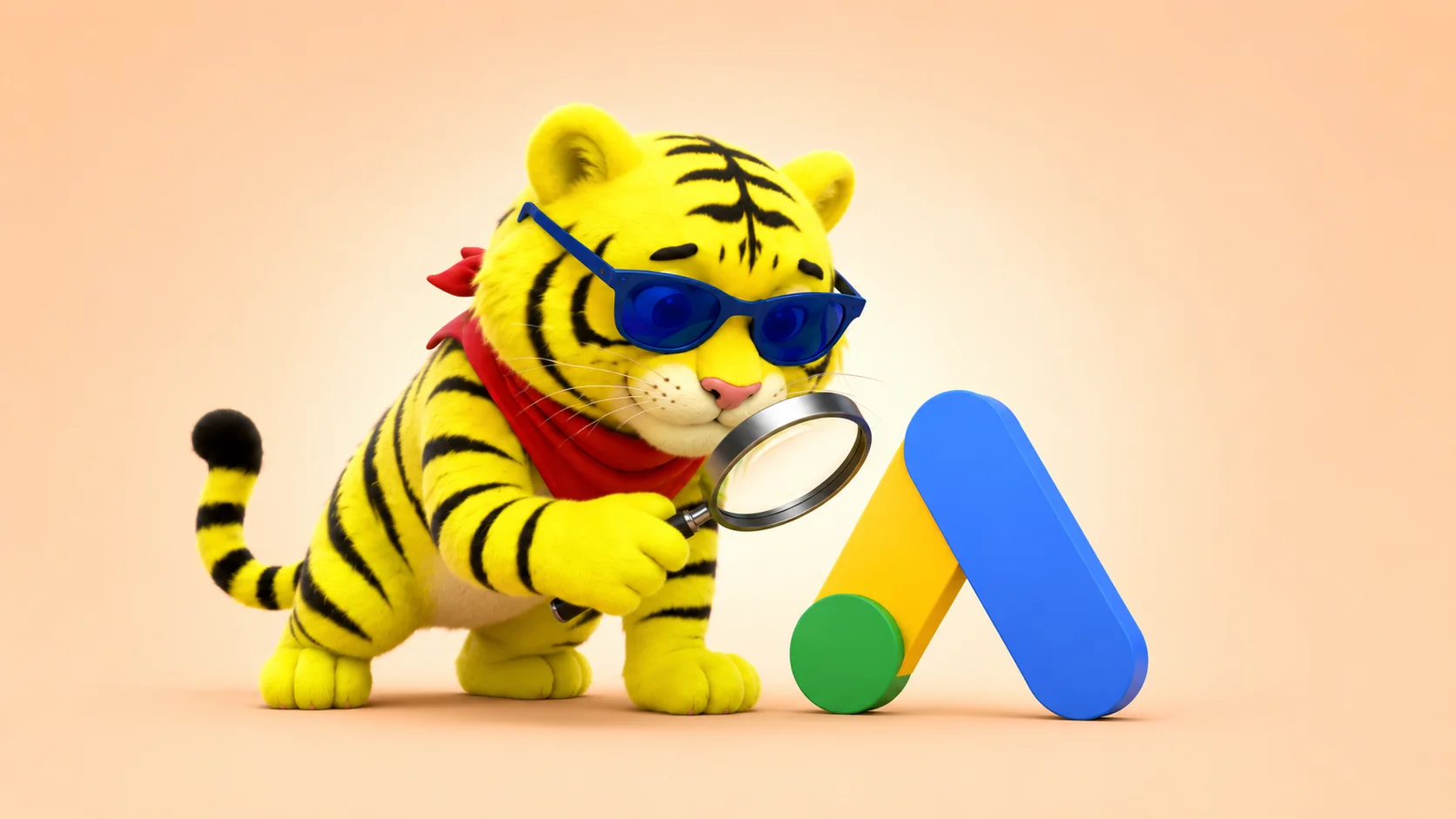 Kraftvertising tygří maskot zkoumá logo Google Ads lupou