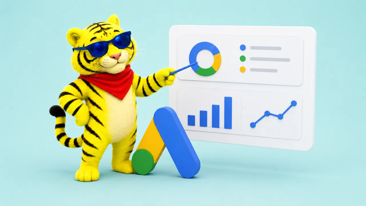 Kraftvertising tygří maskot ukazuje na konverzní dashboard s logem Google Ads