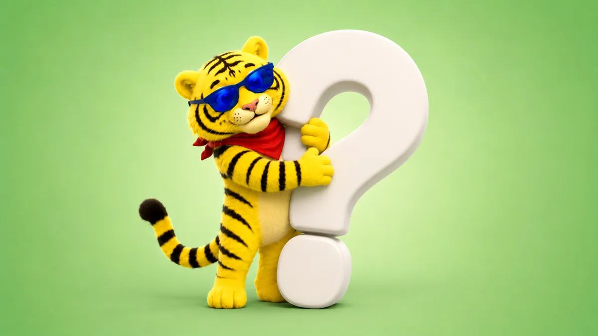 Maskot tygra objímající velký otazník