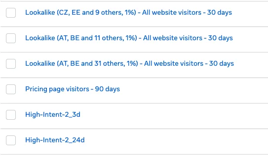 Lookalike publika vytvořená z návštěvníků webu v Meta Ads Manageru
